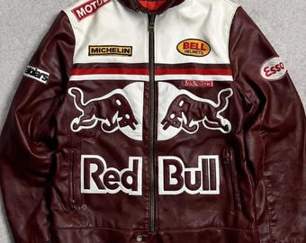 Blouson en cuir Red Bull Racing : cadeau unisexe pour vêtements d'extérieur pour motards de sport automobile