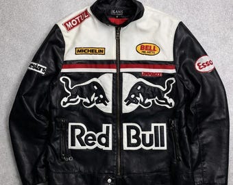 Chaqueta de cuero Red Bull Racing: Prenda unisex para motoristas y aficionados al motociclismo (Negro/Blanco)