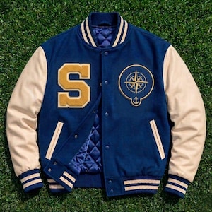 Navy Blue Varsity Jacket Men – Chenille S Patch, Compass Embroidery, College Style