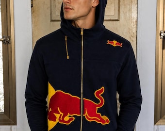 Sudadera con capucha y cremallera azul marino bordada – Estilo urbano japonés con diseño de toro de carga