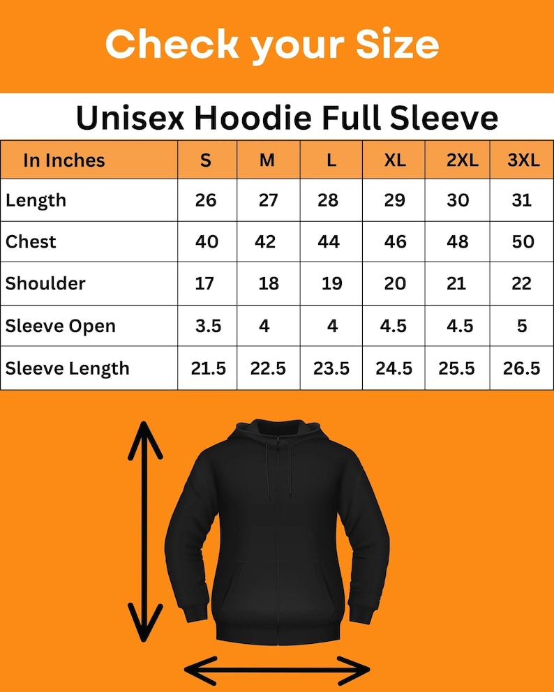 Puede incluir: Sudadera con capucha unisex negra de manga larga con una tabla de tallas en pulgadas. La tabla muestra medidas de largo, pecho, hombro, abertura de manga y largo de manga, desde la talla S hasta la 3XL. El texto "Check your Size" est&aacute; en la parte superior.