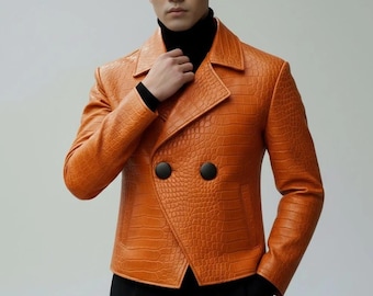 Blouson homme en cuir gaufré effet croco - Manteau design slim croisé