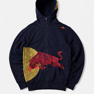 Puede incluir: Sudadera con capucha azul marino con cremallera y un gran gr&aacute;fico de toro rojo en la parte delantera, sobre un dise&ntilde;o circular dorado. La sudadera tiene una capucha con forro dorado y un peque&ntilde;o logotipo de toro rojo en el pecho superior derecho.