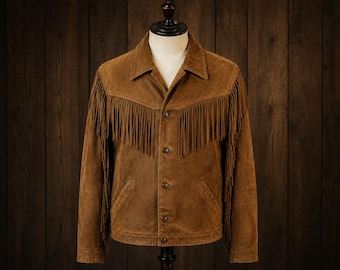 Blouson western homme en cuir suédé à franges - Marron avec pompons cowboy