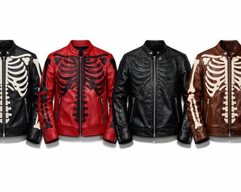 Blouson motard en cuir noir Skeleton Bones Blouson moto crâne gothique noir