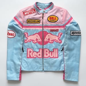 Red Bull Pink Racing Jacket: Women's Vintage Cowhide Biker Motorsports Outerwear