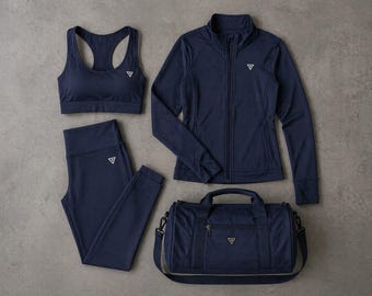 Ensemble de vêtements de sport 4 pièces bleu marine - soutien-gorge de sport, veste zippée, leggings, sac de sport