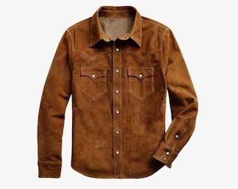 Chemise western en cuir suédé pour hommes - Style classique à boutons-pression