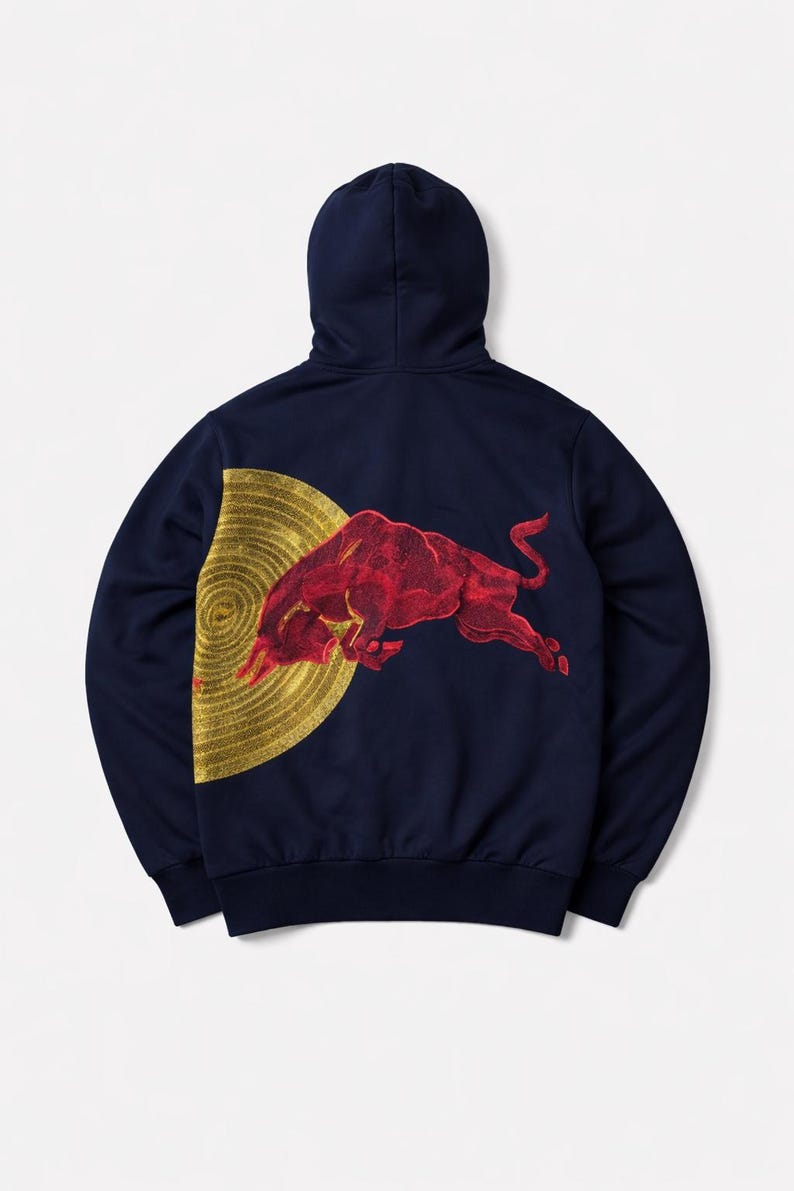 Puede incluir: Sudadera con capucha azul marino con un gr&aacute;fico de toro rojo y un dise&ntilde;o de espiral dorado en la espalda. El toro est&aacute; representado en posici&oacute;n de carga. La sudadera tiene una capucha con cord&oacute;n y pu&ntilde;os y dobladillo acanalados.