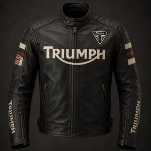Puede incluir: Una chaqueta de moto de cuero negro con el logotipo de Triumph en blanco en el pecho y en ambas mangas. La chaqueta incluye un cuello mao con cierre de botón a presión, una cremallera frontal completa y detalles con los colores de la bandera.