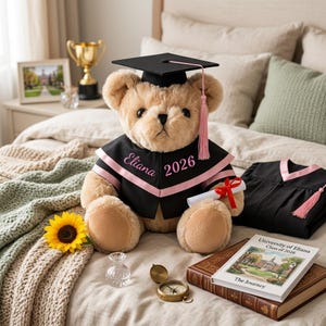 Könnte beinhalten: Ein Teddybär mit Abschlusskappe und -robe, bestickt mit dem Namen "Eliana" und dem Jahr "2026". Der Bär hält eine Urkunde mit rotem Band. Ein Buch mit dem Text "University of Eliana Class of 2026" ist ebenfalls zu sehen, sowie ein kleiner Kompass.
