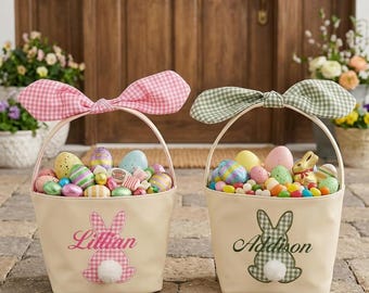 Custom Embroidered Name Bunny Applique Easter Basket,Personalized Kids Egg Hunt Bucket,Kids Easter Gift,for Girls and Boys(Pink)