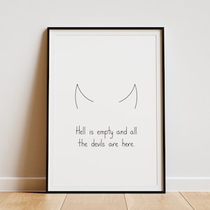 Póster minimalista de Shakespeare para pared / Cita "El infierno está vacío" / Póster listo para imprimir (descarga digital)