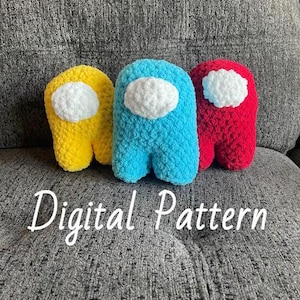 May include: Three crocheted plush toys shaped like the characters from the video game Among Us. The characters are red, blue, and yellow.