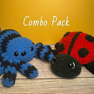 May include: A combo pack of two crocheted stuffed animals: a blue and black spider and a red and black ladybug. The text "Combo Pack" is written in white on a yellow background.