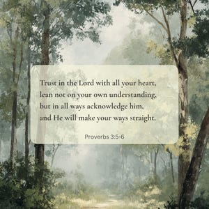 Puede incluir: Una representación artística de una escena de bosque con un camino que conduce a la distancia. Un cuadro de texto rectangular contiene la escritura de Proverbios 3:5-6. La imagen es predominantemente verde y marrón, con un estilo suave y pictórico.