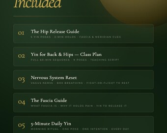 Paquete de 5 guías de Yin Yoga / Liberación de cadera · Plan de clase · Sistema nervioso · Fascia · Práctica diaria