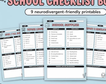 May include: A digital school checklist bundle featuring nine neurodivergent-friendly printable pages. The light blue documents include sections for school supplies, routines, P.E. days, comfort, regulation, and teacher communication with checkboxes.