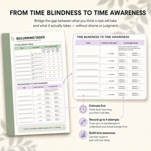 Time blindness tracker for ADHD planning, showing estimated task time, actual time taken, and up to four attempts to help build time awareness without shame.