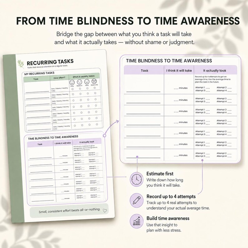 Time blindness tracker for ADHD planning, showing estimated task time, actual time taken, and up to four attempts to help build time awareness without shame.