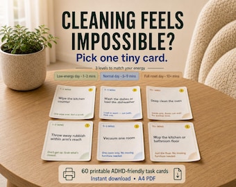 AuDHD Cleaning Task Cards – Low Energy Support (A4 PDF)