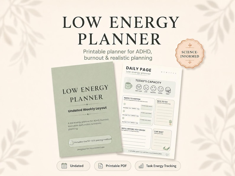 Low Energy Planner for ADHD and burnout, printable PDF planner with undated daily and weekly pages, dopamine menu, task energy tracking, time blindness support, and fatigue-aware planning.