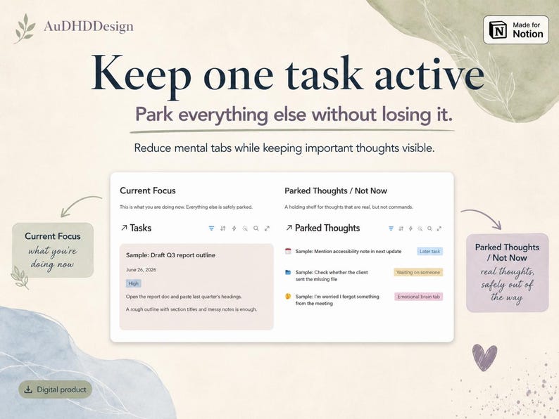 A Notion ADHD work planner showing Current Focus and Parked Thoughts sections to help choose one task and park distractions.