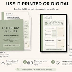 Printable and digital-friendly Low Energy Planner PDF shown with stacked planner pages, tablet preview, A4 and US Letter printable formats, and instant download instructions.