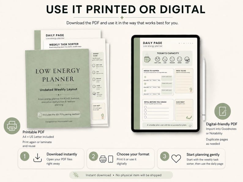 Printable and digital-friendly Low Energy Planner PDF shown with stacked planner pages, tablet preview, A4 and US Letter printable formats, and instant download instructions.
