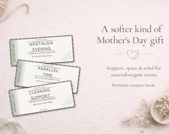May include: A soft pink image shows three Mother's Day coupons with phrases such as "Nostalgia Evening" and "Cleaning Support." The text "A softer kind of Mother's Day gift" is visible, along with "Printable coupon book."