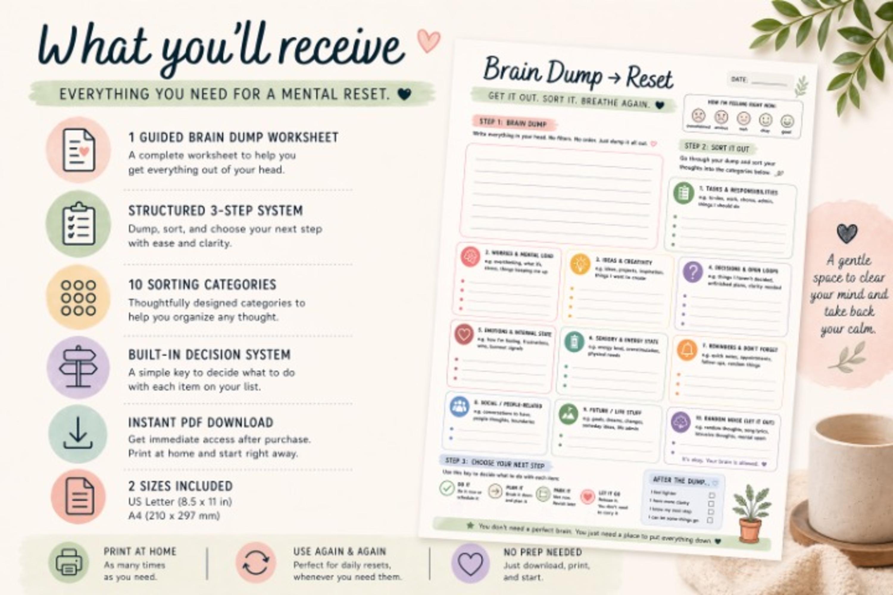 ADHD Brain Dump Worksheet | Overthinking Mental Reset Planner (PDF ...