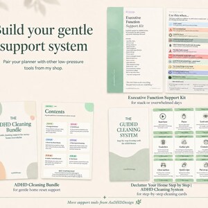 Related AuDHDDesign support tools for ADHD and burnout, including Executive Function Support Kit, ADHD Cleaning Bundle, and Declutter Your Home Step by Step ADHD Cleaning System.