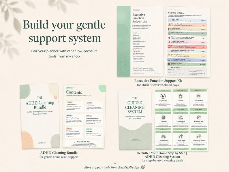 Related AuDHDDesign support tools for ADHD and burnout, including Executive Function Support Kit, ADHD Cleaning Bundle, and Declutter Your Home Step by Step ADHD Cleaning System.
