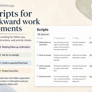 A Notion communication scripts database with copy-ready workplace scripts for priorities, written instructions, examples, and follow-ups.