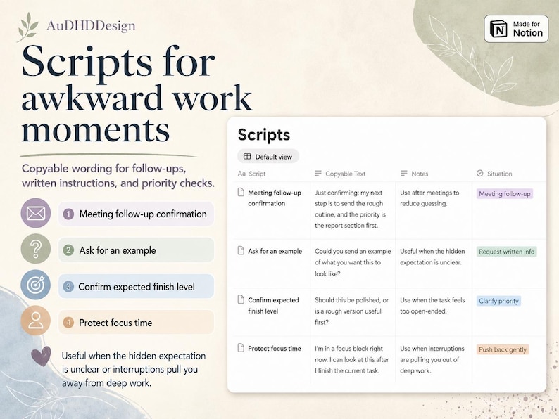 A Notion communication scripts database with copy-ready workplace scripts for priorities, written instructions, examples, and follow-ups.