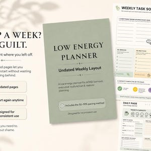 Undated ADHD planner designed for inconsistent use, with a no-guilt message for skipping a week and picking up again without wasting dated planner pages.