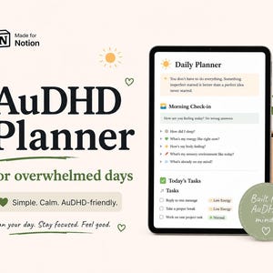 ADHD Notion Template | Neurodivergent Daily Planner for Overwhelmed & Executive Dysfunction | Simple Digital Planner