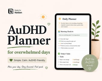 ADHD Notion Template | Neurodivergent Daily Planner for Overwhelmed & Executive Dysfunction | Simple Digital Planner