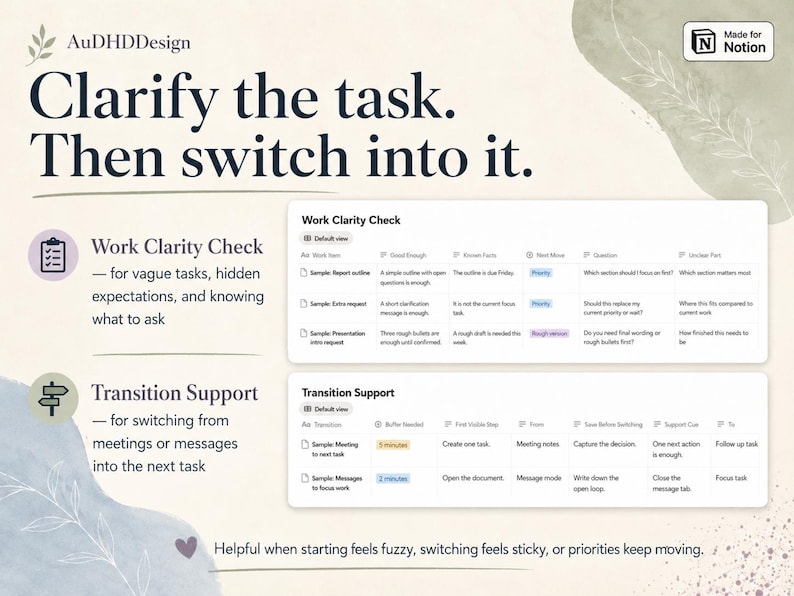 A Work Clarity Check database for vague workplace tasks, hidden expectations, unclear priorities, and good-enough next steps.