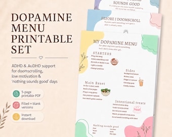 May include: A set of printable dopamine menu pages featuring pastel abstract shapes and text. The documents include sections titled My Dopamine Menu, Starters, Main Reset, Sides, Intentional Treats, and Nothing Sounds Good, with small illustrations.