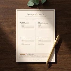 Menú imprimible de dopamina para el trastorno por déficit de atención e hiperactividad (AuDHD) / Planificador de autocuidado para la recuperación del agotamiento (descarga instantánea)