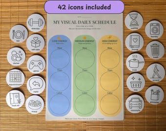 May include: A visual daily schedule planner with three columns labelled Low Energy, Medium Energy, and High Energy, each containing three circular slots. The set includes 42 circular icons featuring black line drawings of daily tasks and activities.