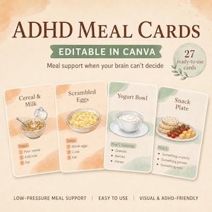 以下が含まれることがあります： Canvaで編集可能な27枚のADHDミールカード。Cereal & Milk、Scrambled Eggs、Yogurt Bowl、Snack Plateの4種類の食事アイデアが描かれたカードで、それぞれのイラストと簡単な調理手順が記載されています。