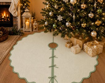 Gonna per albero di Natale a righe verde salvia in stile vintage: stampa floreale a blocchi, decorazione natalizia