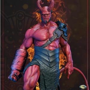 May include: A muscular red-skinned figure with two large horns, a goatee, and a tail. The figure wears a dark shoulder pauldron, a wide waist belt, and a textured loincloth. A large, heavy mechanical red gauntlet covers the right forearm.