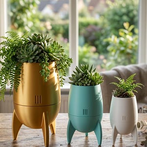 May include: Three rocket-shaped planters in gold, teal, and white, each holding a variety of green succulents and ferns. The planters are on a wooden table, with a window and greenery in the background.