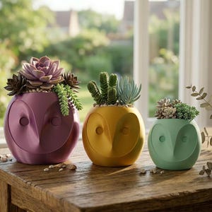 Op de afbeelding: Drie uilvormige plantenpotten in paars, geel en groen, elk gevuld met vetplanten. De potten staan op een houten tafel bij een raam, wat een decoratief en natuurlijk thema creëert.