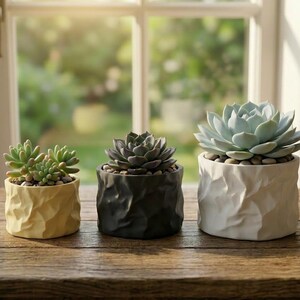 3D Printed Crinkled Paper Succulent Planter – Rock Texture Indoor Pot (3 Sizes, 33 Colors)