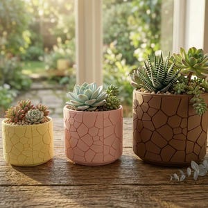 May include: Three succulent planters in yellow, pink, and brown, each with a distinctive cracked pattern. The planters, filled with succulents, are displayed on a wooden surface. The background shows a window with a blurred garden view.