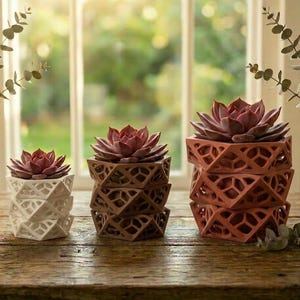 Stacked Lattice Planter Pot, Geometric Cutout, Modern Architectural Decor, 33 Colors